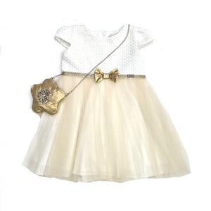 Mersey Sports - Ebita Girls Dress Gold Bow & Bag White/Gold 238276